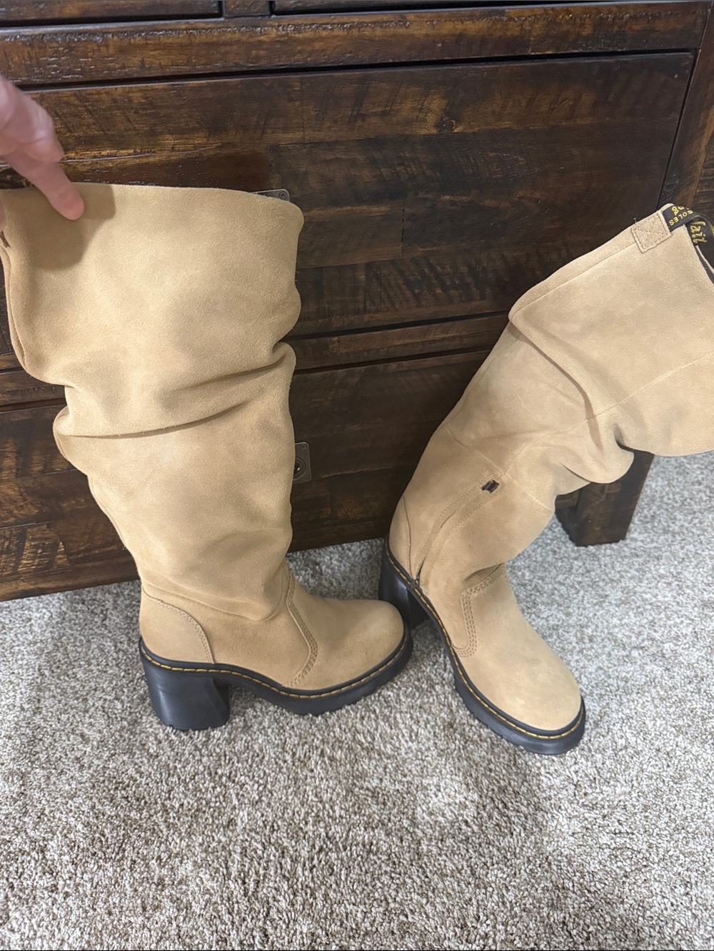 NWOT Dr. Martens Tan Suede-Look Slouch Knee High Chunky Heel Boots